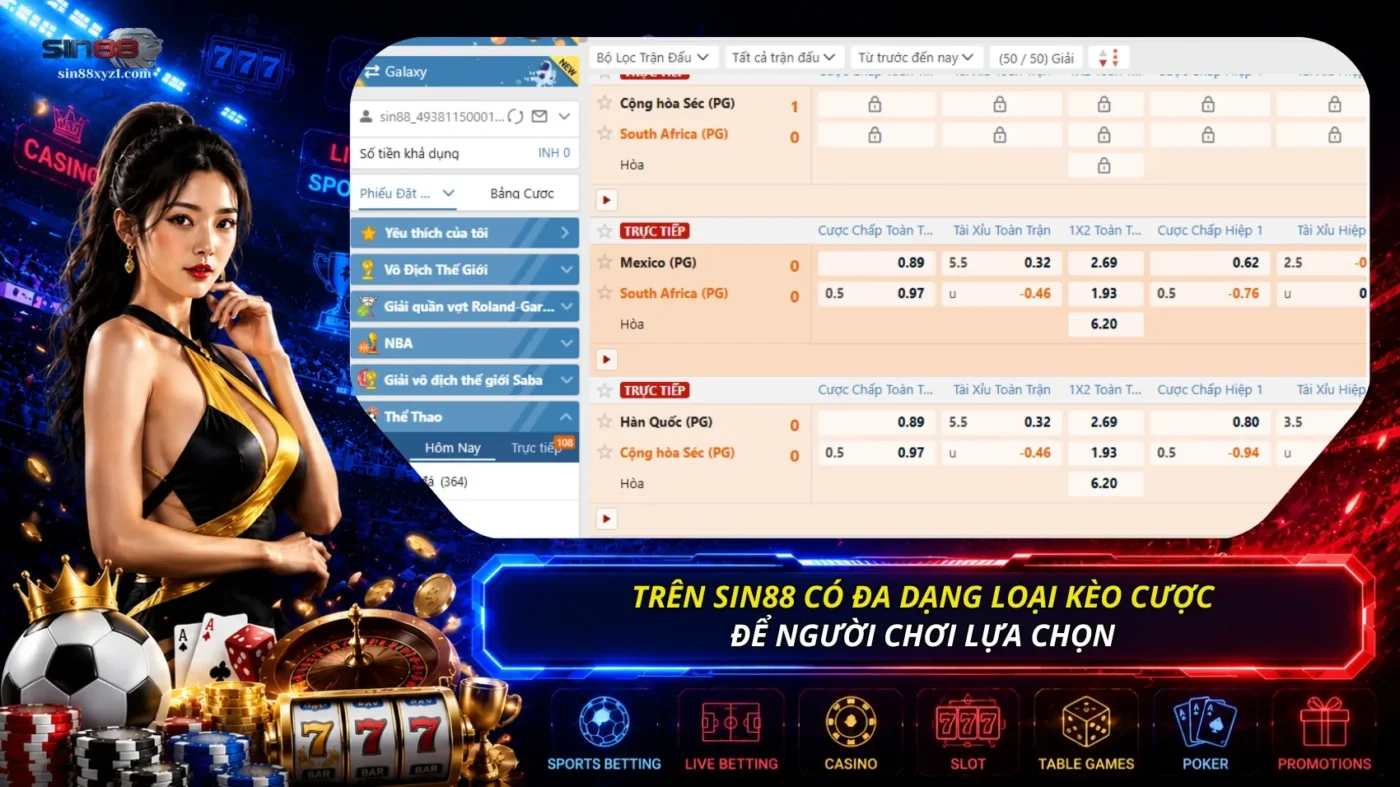 Trên hệ thống SIN88 có đa dạng kèo cược để người chơi chọn cho phù hợp với sở thích