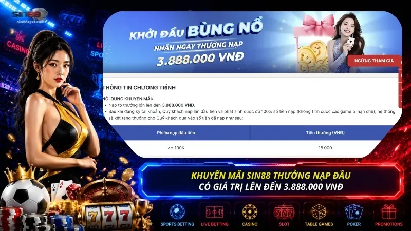 Khuyến mãi SIN88 thưởng nạp đầu cho người mới có giá trị lên đến 3.888.000 VNĐ