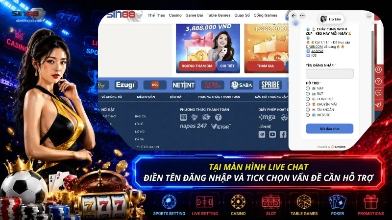 Tại màn hình Live chat, bạn cung cấp danh xưng của mình và tick chọn vấn đề cần hỗ trợ