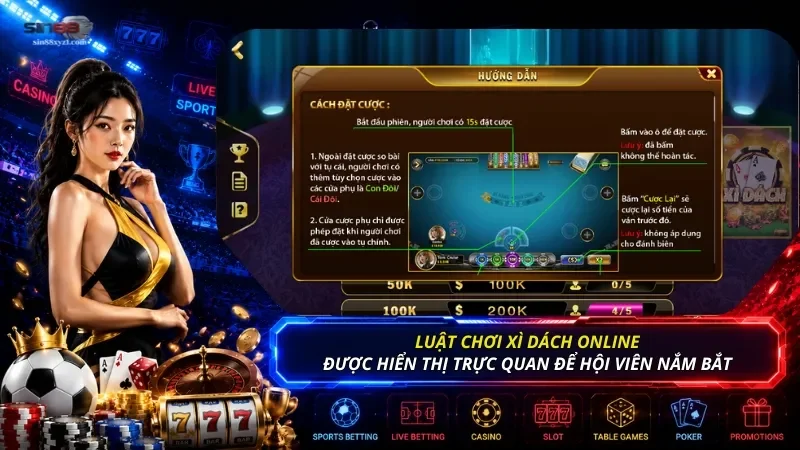Luật chơi Xì Dách online được hiển thị trực quan trên giao diện để game thủ nắm bắt