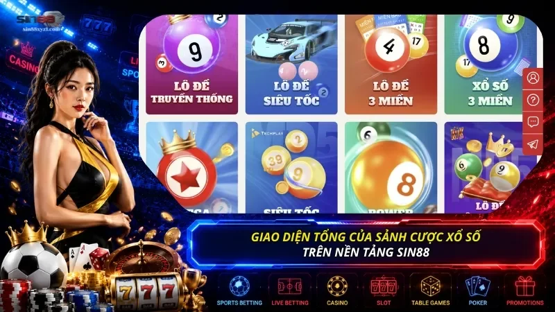 Giao diện tổng của sảnh cược Xổ số trên nền tảng SIN 88